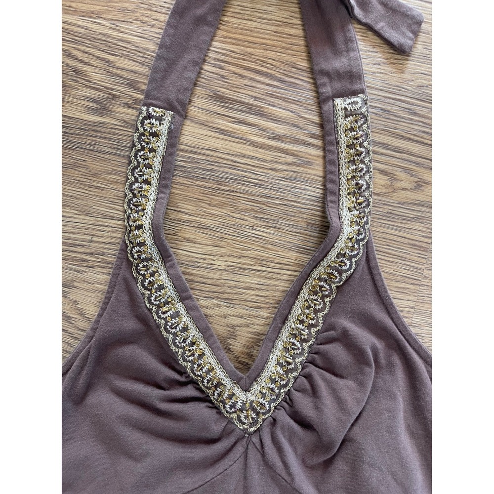 ana A New Approach Brown Beaded Halter Top Medium Y2K Boho Embellished V-Neck - Picture 2 of 5